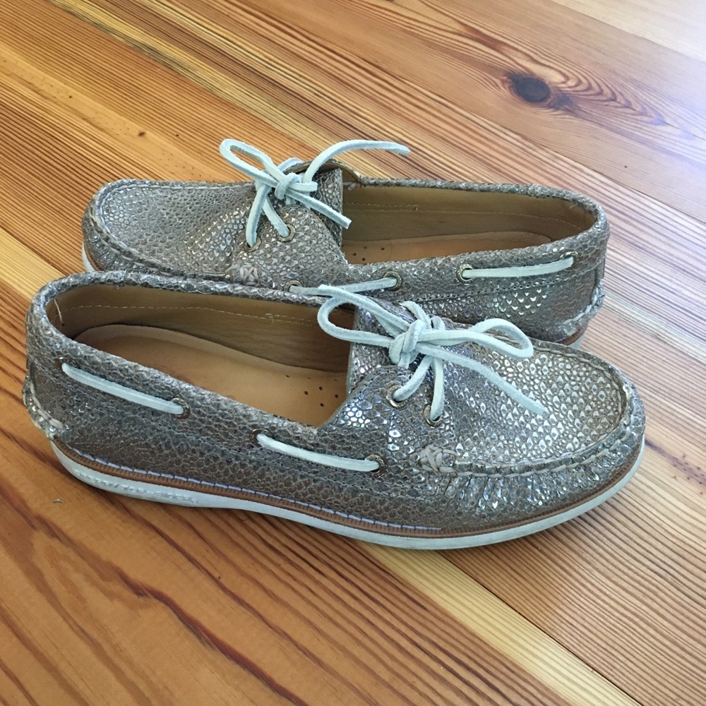Sperry Silver and Taupe Snakeskin Boat Shoes